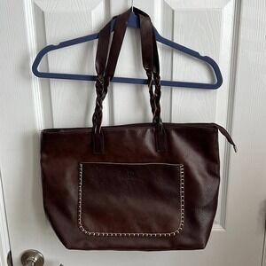 Weimeibaige Tote Bag Braided Handles Faux‎ Leather Pocket Dark Brown
